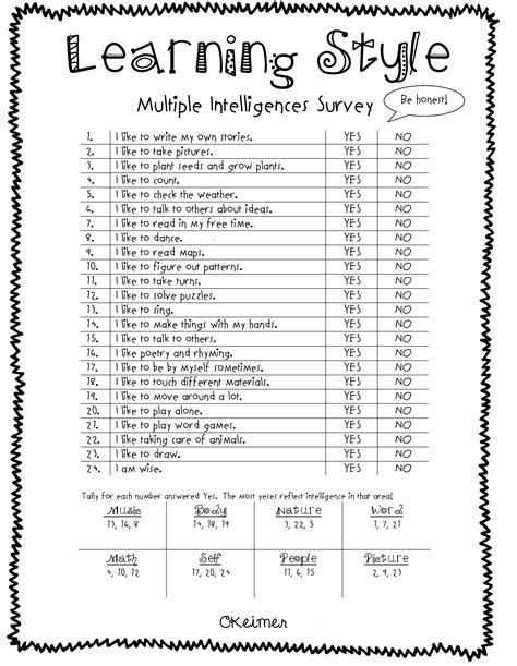 All About Me Activities A Multiple Intelligences Assessment Learning