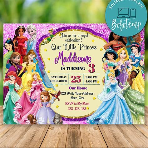 Editable Disney Princess Party Invites Print At Home Createpartylabels