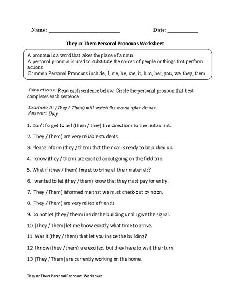 Regular Pronouns Worksheets | They or Them Personal Pronoun Worksheet