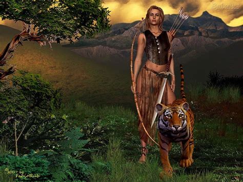 Archer And Tiger Forest Huntress Bow Woman Sword Hunter Arrow Friends Hd Wallpaper Peakpx