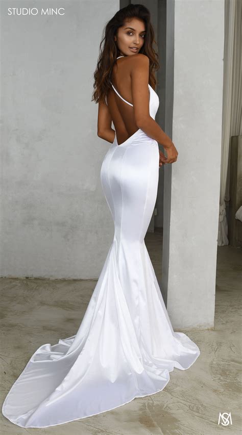 WHITE COMPEL STUDIO MINC White Satin Backless Wedding Dress Simple