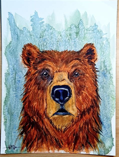 Grizzly Bear Portrait Original Watercolor Painting Mountain Etsy