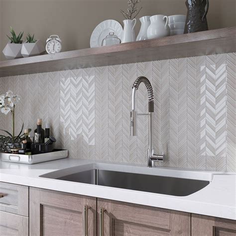 Fabrique White Chevron Glass Mosaic Tile Trendy Kitchen Backsplash