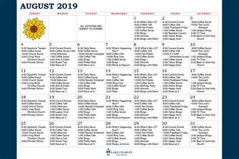 Lake Charles Care Center August Activity Calendar