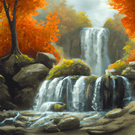 Beautiful Autumn Waterfall Painting · Creative Fabrica