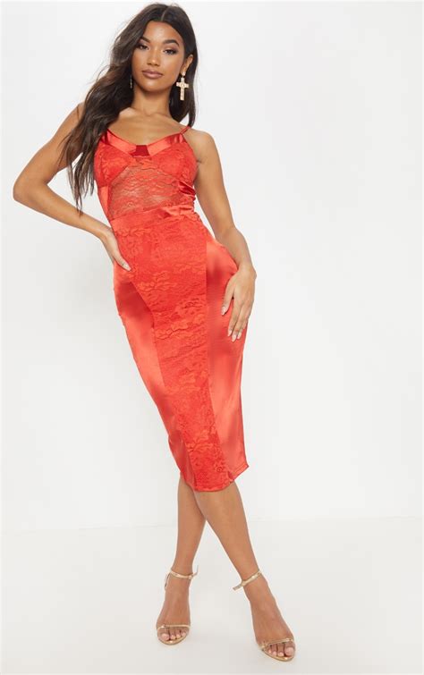 Red Lace Insert Satin Midi Dress Prettylittlething Ie