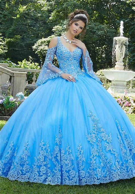 Princess Ball Gown Prom Dress Light Blue Tulle Lace Long Sleeve Quinceanera Dress Cold Shoulder