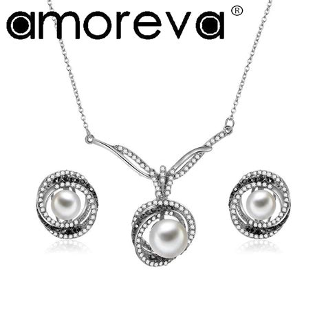 Pearl Pendants Earrings Necklace Sets Silver Round Necklace Earrings