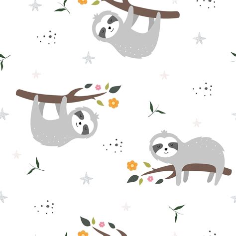 Seamless Pattern For Children Sloth Cartoon Character Perched On A
