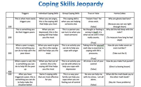 See more ideas about health game, therapy activities, recreation therapy. Coping Skills Jeopardy. My group loved this when we played ...