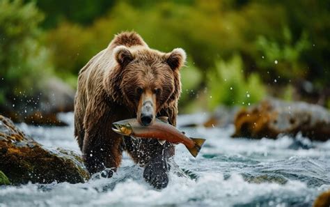 Premium Ai Image Grizzly Bear Catching A Salmon In Its Powerful Jaws