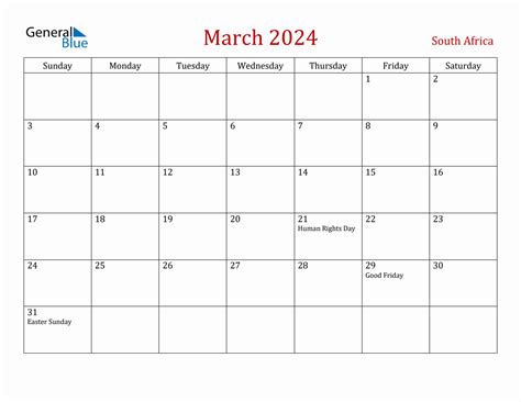 March 2024 South Africa Monthly Calendar With Holidays