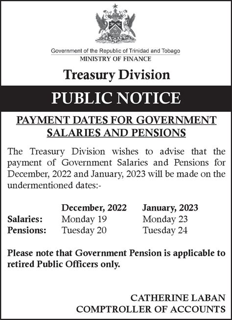 Public Notice Payment Dates For Government Salaries And Pensions For
