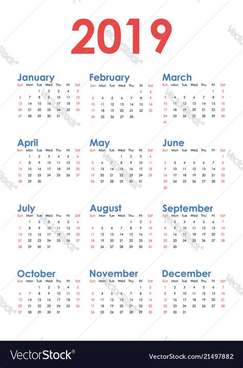 Simple Vertical Calendar For 2019 Year On White Vector Image