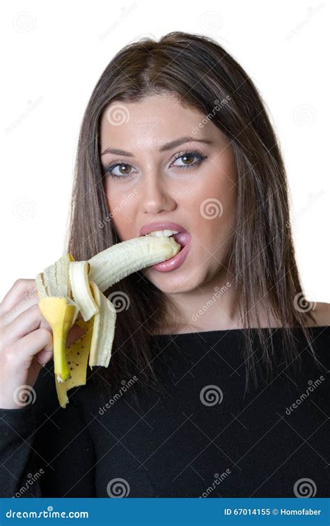 Cute Brunette Lady Eating A Peeled Banana Stock Image Image Of Calories Health