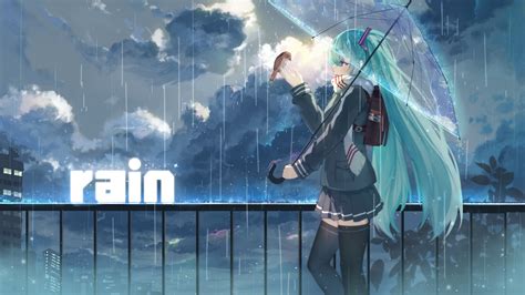 Full Hd Wallpaper Hatsune Miku Scarf Umbrella Heavy Rain