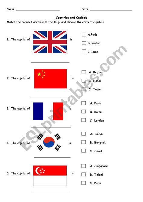 Countries And Capitals Esl Worksheet By Onana