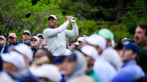 Masters Champion Tiger Woods Plays A Stroke From The No 5 Tee During