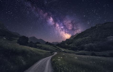 Hintergrundbilder Bäume Landschaft Berge Nacht Galaxis Natur