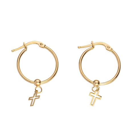 Cross Huggie Hoop Earrings Gold 14K George Art Jewels