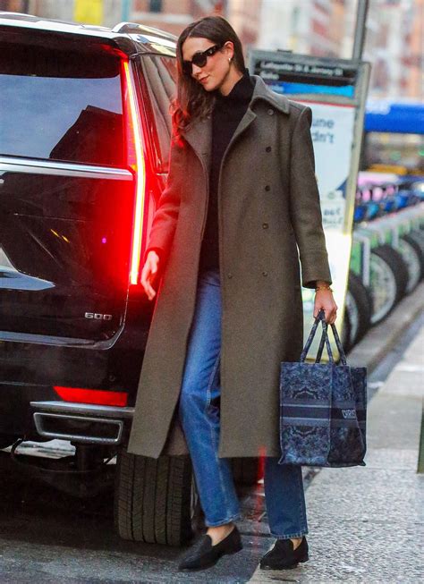 Karlie Kloss Debuts Expensive Brunette Hair Color In Alberta Ferretti Coat And Black Loafers