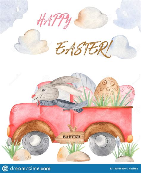 Easter Truck Loaded With Easter Eggs Digital Vector Graphic Royalty