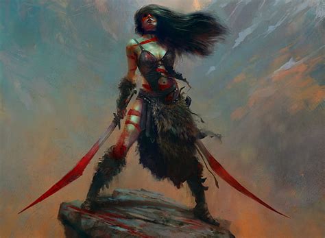 Hd Wallpaper Female Character Holding Two Swords Painting Artwork