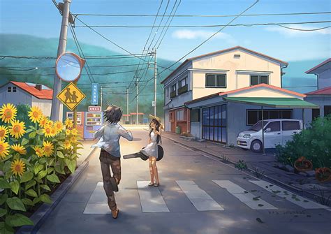 Hd Wallpaper Anime Street Scenic Sunflower Girl And Boy Strawhat