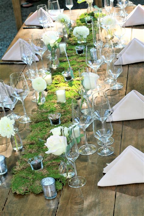 Romantic Wedding Centerpiece Moss Table Runner Bud Vases With White