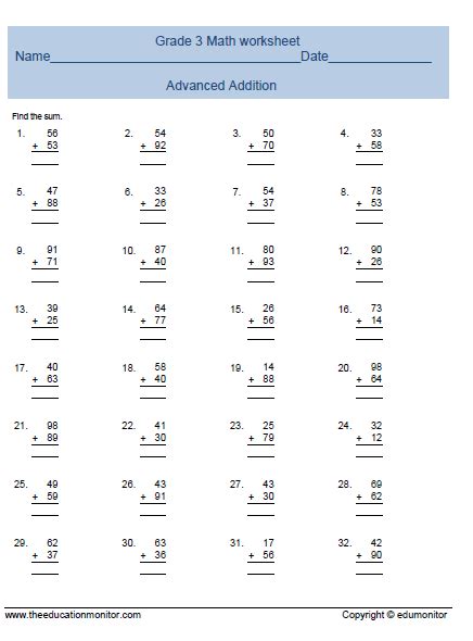 Third Grade Addition Math Worksheet Math Activities More
