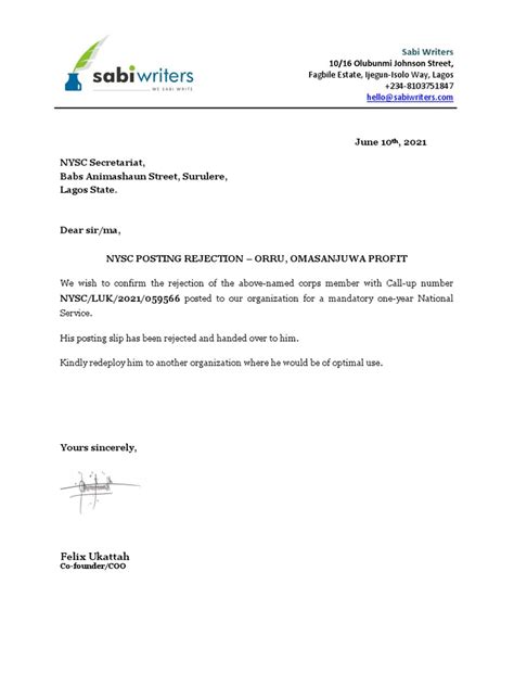 Nysc Rejection Letter Orru Omansanjuwa Profit Pdf