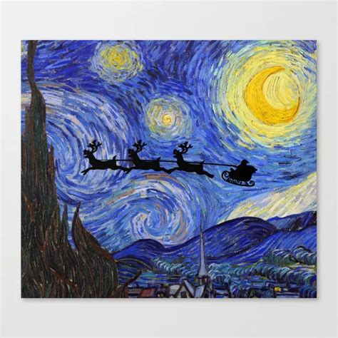 Vincent Van Gogh Starry Night Santa And Reindeer Canvas Print By