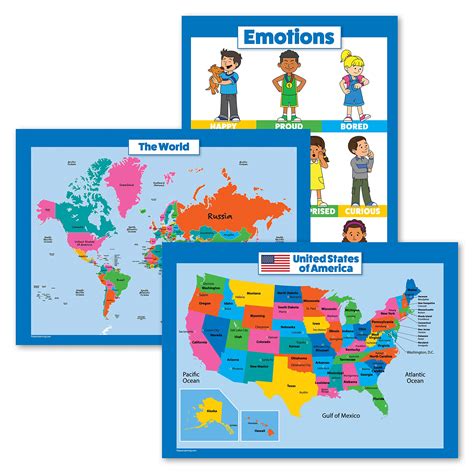 Buy 3 Pack Usa And World Map For Kids Learning Emotions Poster Set