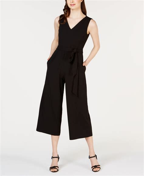 Calvin Klein Synthetic V Neck Belted Cropped Jumpsuit In Black Lyst