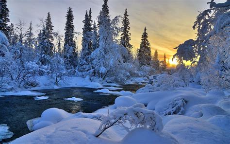 Winter River Nature Trees Landscape Hd Wallpaper