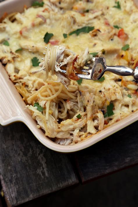 Pour mixture into a baking dish, top with remaining cheese, cover, and bake the chicken spaghetti casserole for 45 minutes. Chicken Spaghetti Casserole