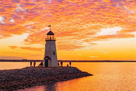 Sunset Beautiful Landscape Of The Lake Hefner Lighthouse Stock Photo