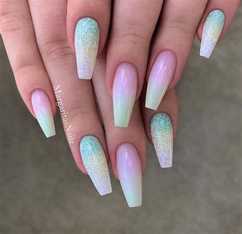 Ombré Lime Green Coffin Nails Pastel Glitter Spring Nail Design By