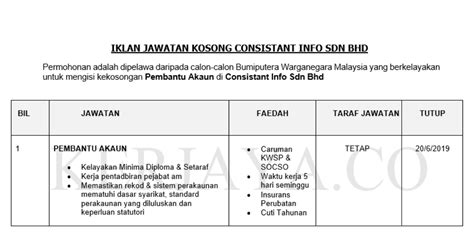 Berikut adalah maklumat jawatan kosong sebagai pembantu penguatkuasa gred kp19. Jawatan Kosong Terkini Consistant Info ~ Pembantu Akaun ...