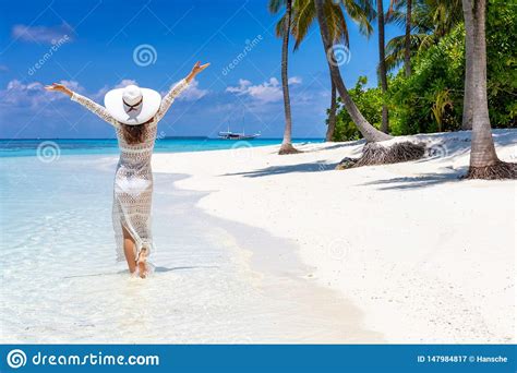Traveler Woman Enjoys Her Tropical Beach Vacation Stock Image Image