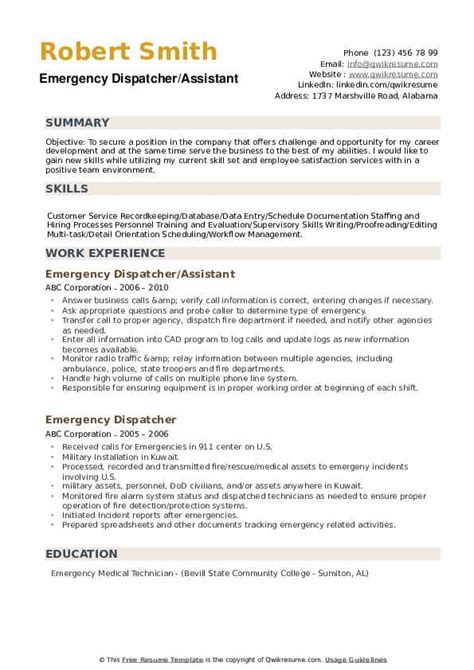 Emergency management resume pdf : Emergency Dispatcher Resume Samples | QwikResume