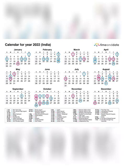 2022 Year At A Glance Calendar With India Holidays Free Printable