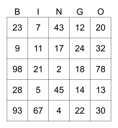Numbers 1 99 Bingo Card