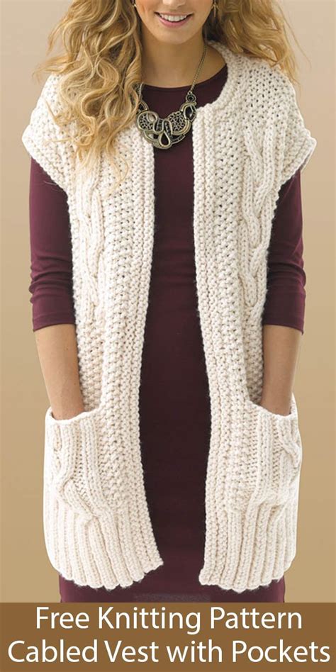 free knitting pattern for cabled vest with pockets