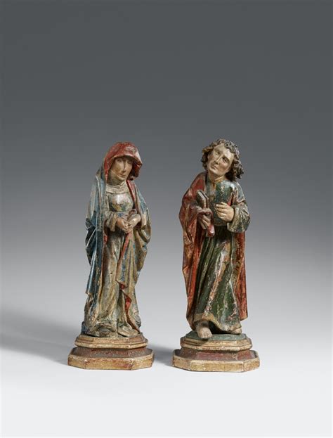 Two Late 15th Century Carved Wooden Figures Of The Virgin And Saint