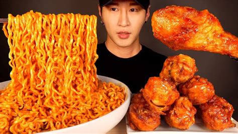 Asmr Mukbang Spicy Fire Noodles And Bbq Chicken No Talking Eating Sounds Zach Choi Asmr Youtube