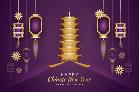 Happy Chinese New Year 2021 Year Of The Ox Golden Pagoda And Lanterns