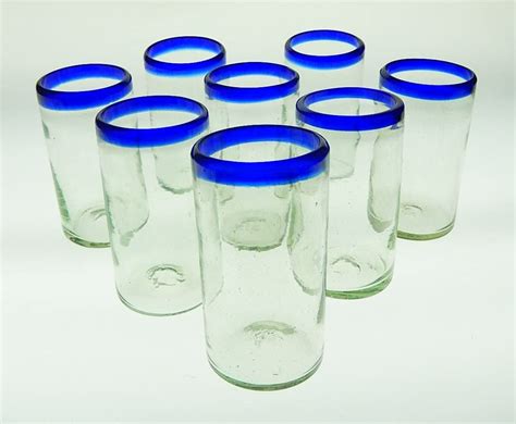 Mexican Glass Blue Rim Tumblers Set Of 8 Uk Kitchen And Home
