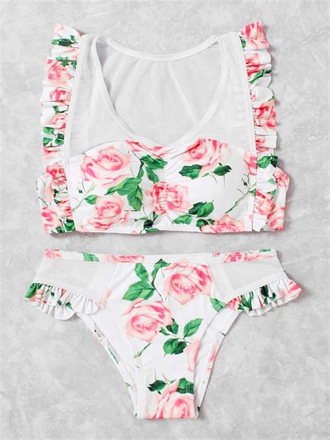 Flower Print Ruffle Bikini Set SheIn Sheinside