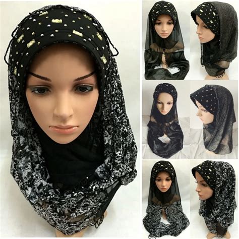 Fashion Muslim Wrap Hijab Islamic Beaded Scarf Arab Shawls Turban